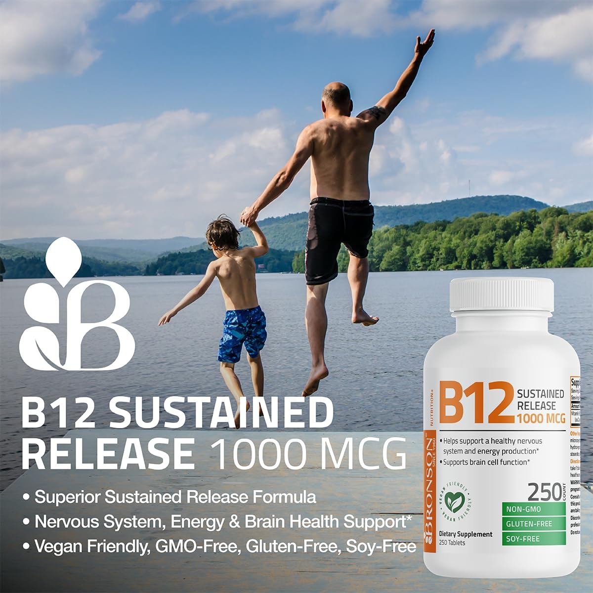 Bronson Vitamin B12 1000 mcg Sustained Release Tablets - Non GMO, 250 Count - Promotes Nervous System Health, Brain Function, Energy