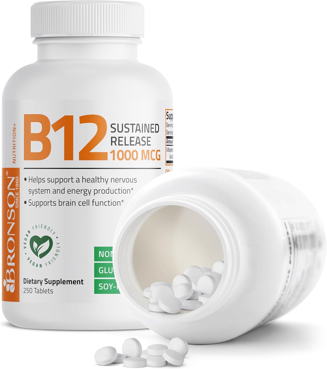 Bronson Vitamin B12 1000 mcg Sustained Release Tablets - Non GMO, 250 Count - Promotes Nervous System Health, Brain Function, Energy