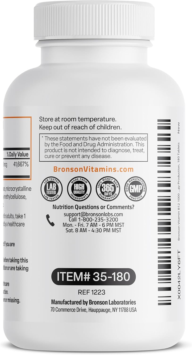 Bronson Vitamin B12 1000 MCG Sustained Release Tablets for Nervous System and Energy, 180 Tablets.