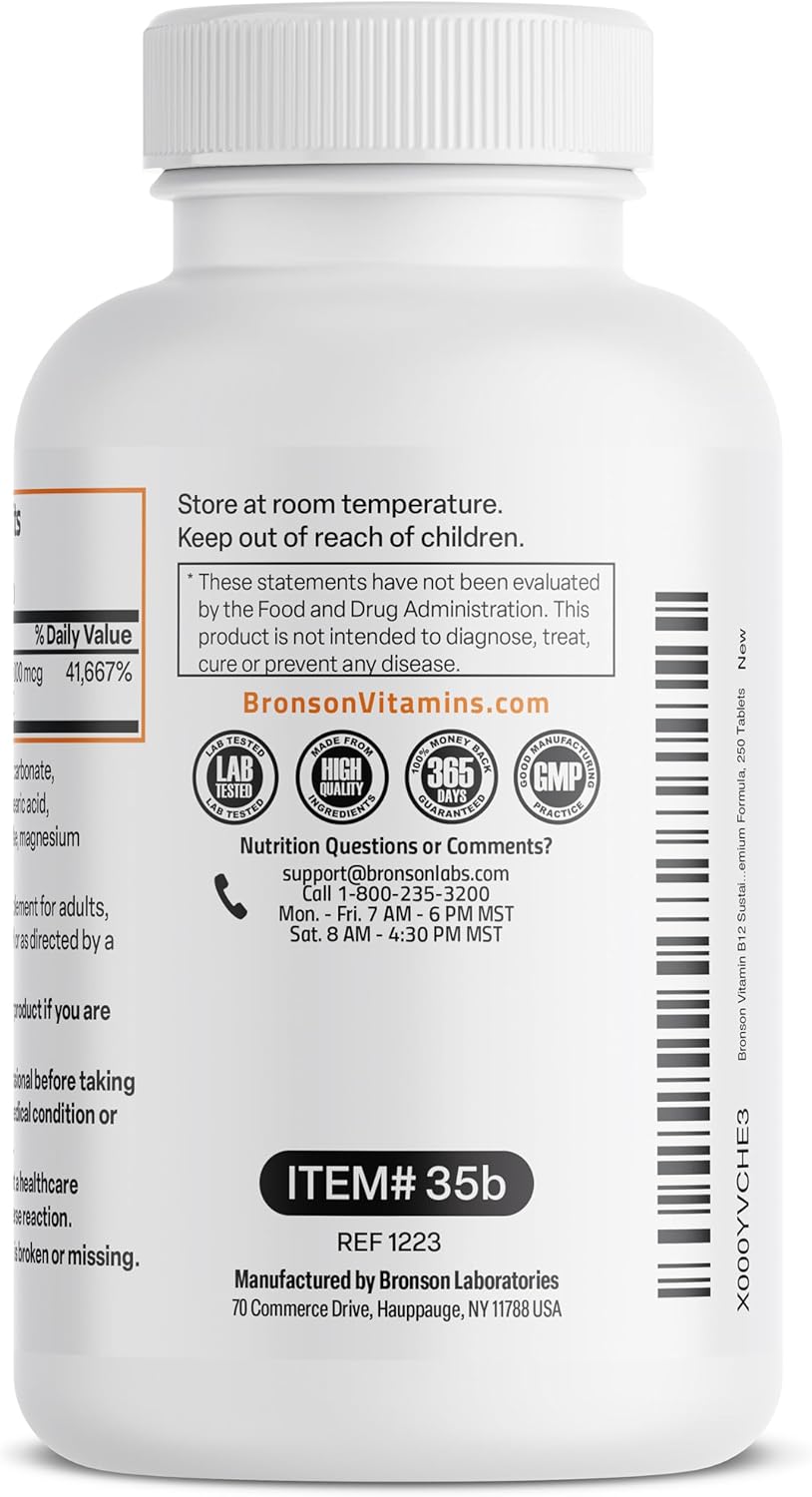 Bronson Vitamin B12 1000 mcg Sustained Release Tablets - Non GMO, 250 Count - Promotes Nervous System Health, Brain Function, Energy