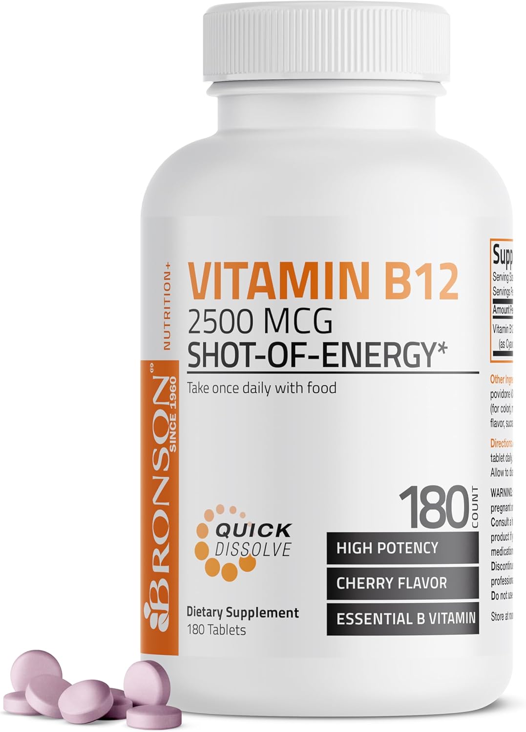 Bronson Vitamin B12 2500mcg Quick Release Chewable Tablets - Cherry Flavored Sublingual B12 for Energy & Brain Health - 180 Count