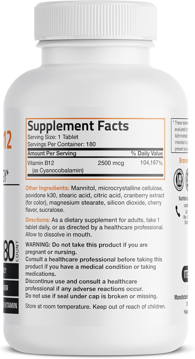 Bronson Vitamin B12 2500mcg Quick Release Chewable Tablets - Cherry Flavored Sublingual B12 for Energy & Brain Health - 180 Count