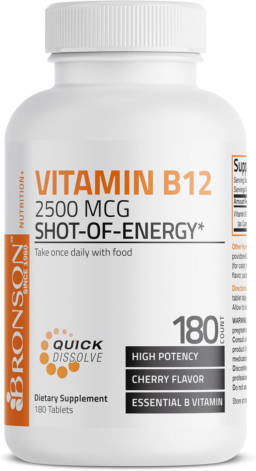 Bronson Vitamin B12 2500mcg Quick Release Chewable Tablets - Cherry Flavored Sublingual B12 for Energy & Brain Health - 180 Count