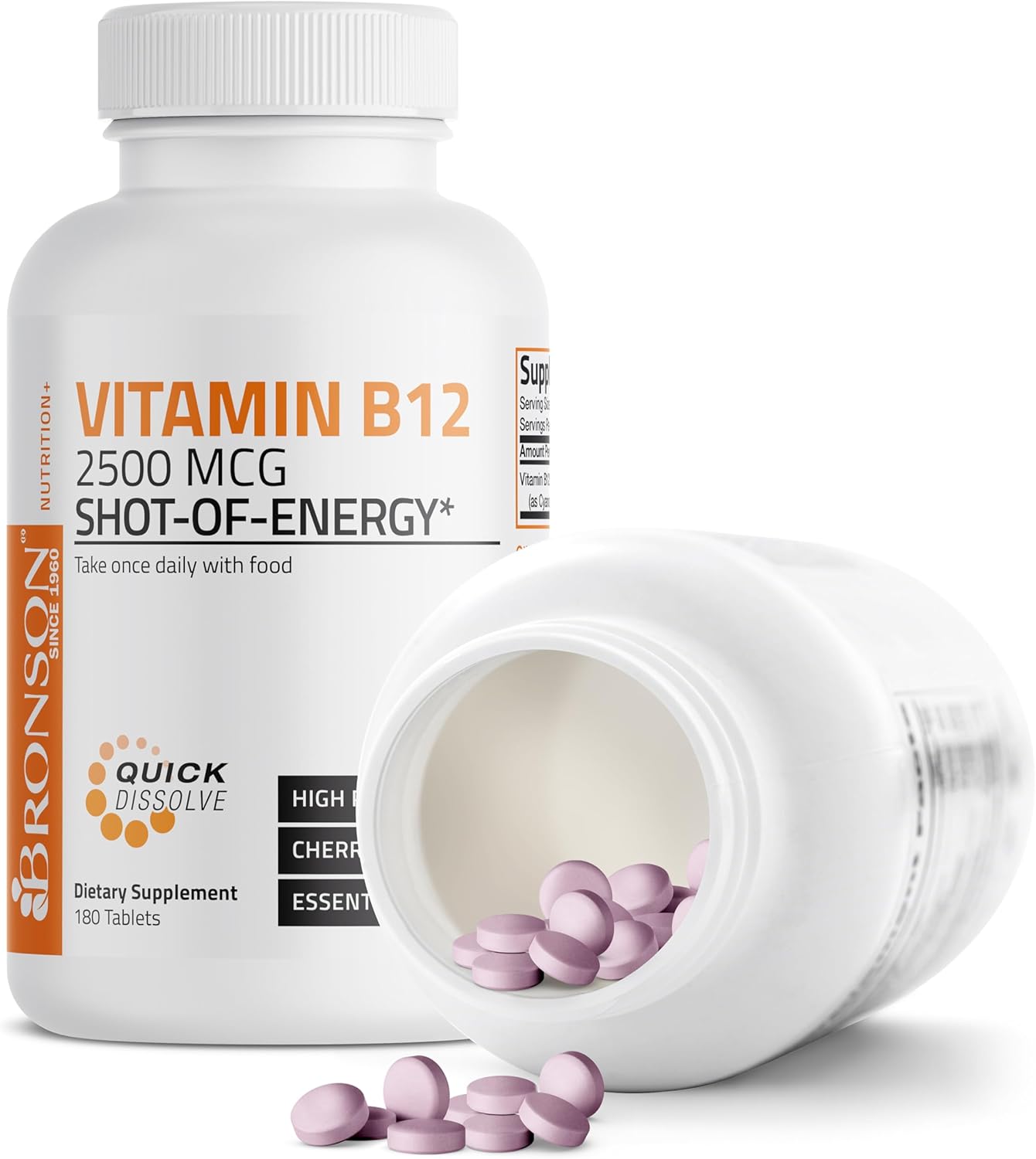Bronson Vitamin B12 2500mcg Quick Release Chewable Tablets - Cherry Flavored Sublingual B12 for Energy & Brain Health - 180 Count