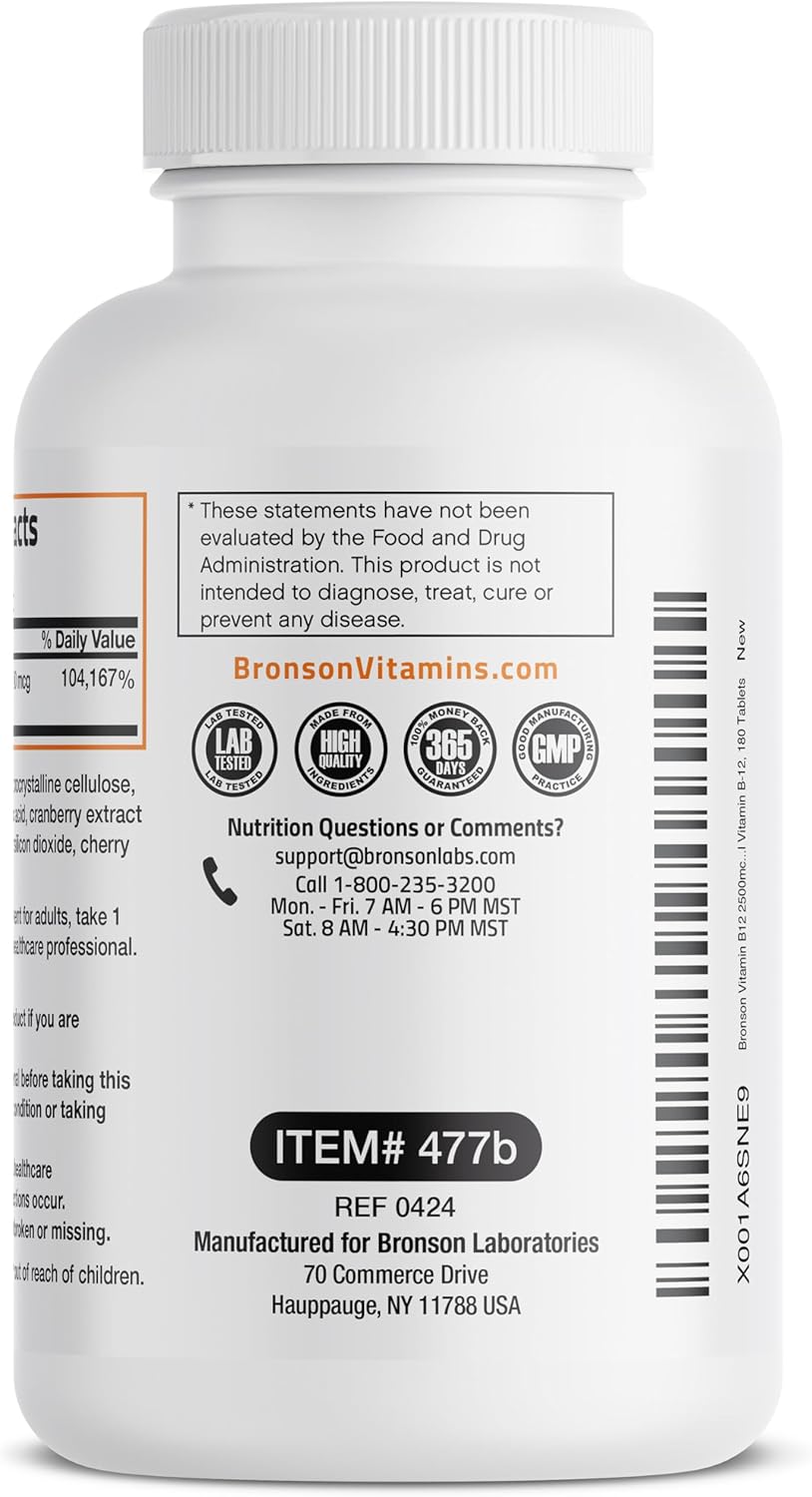 Bronson Vitamin B12 2500mcg Quick Release Chewable Tablets - Cherry Flavored Sublingual B12 for Energy & Brain Health - 180 Count