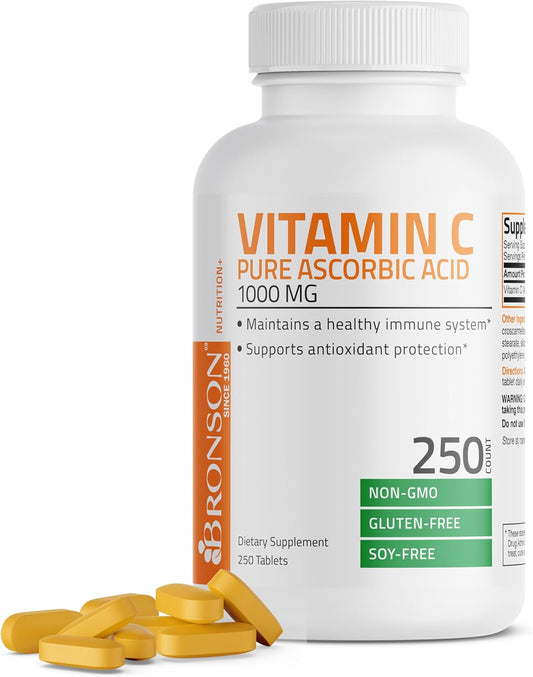 Bronson Vitamin C 1000mg Tablets - Non-GMO Ascorbic Acid for Immune Support & Antioxidant Protection - 250 Count