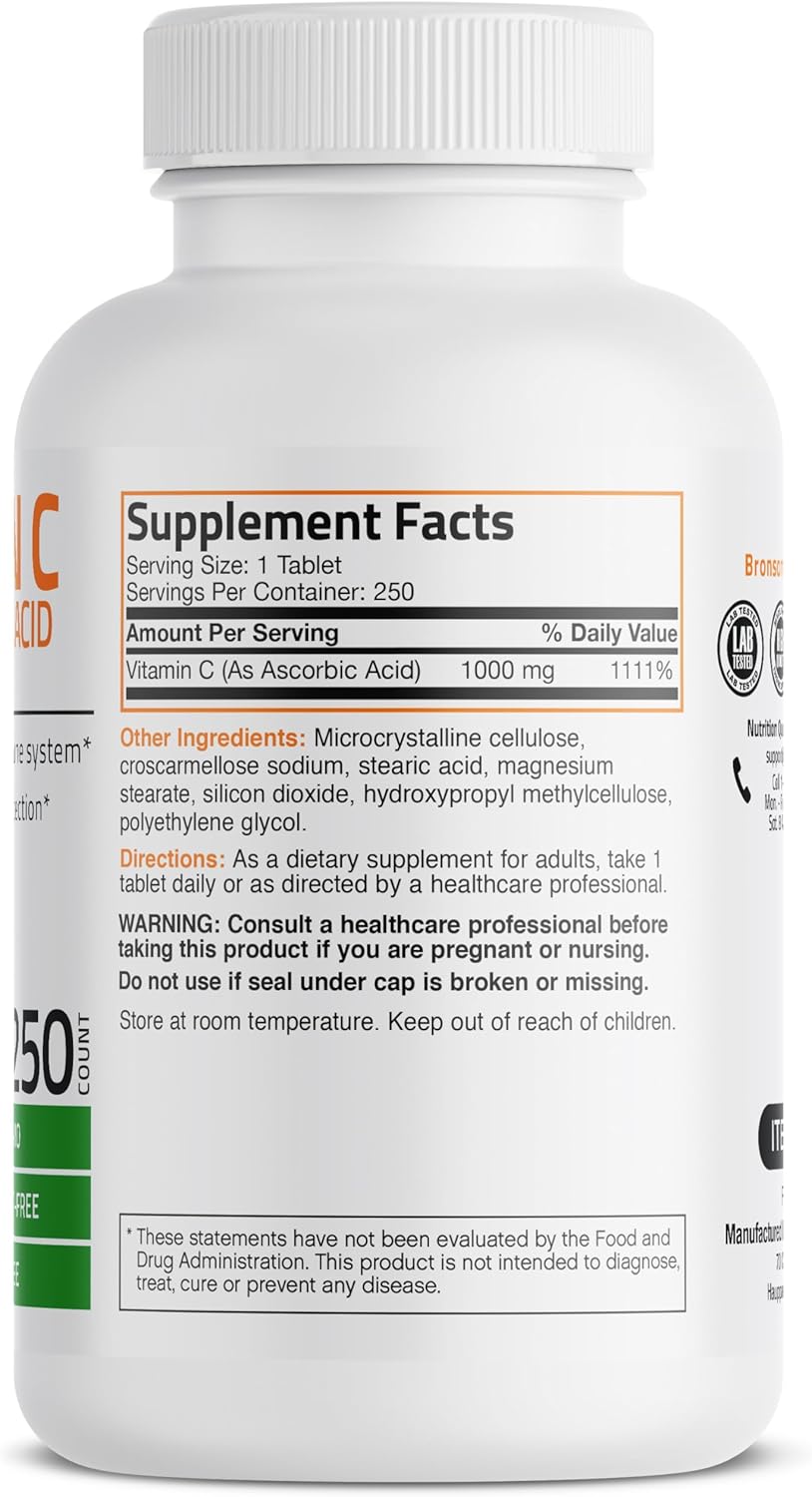 Bronson Vitamin C 1000mg Tablets - Non-GMO Ascorbic Acid for Immune Support & Antioxidant Protection - 250 Count