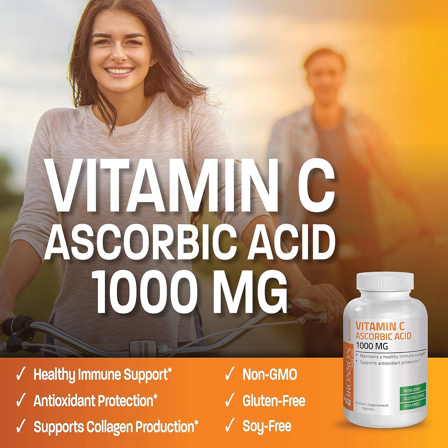 Bronson Vitamin C 1000mg Tablets - Non-GMO Ascorbic Acid for Immune Support & Antioxidant Protection - 250 Count