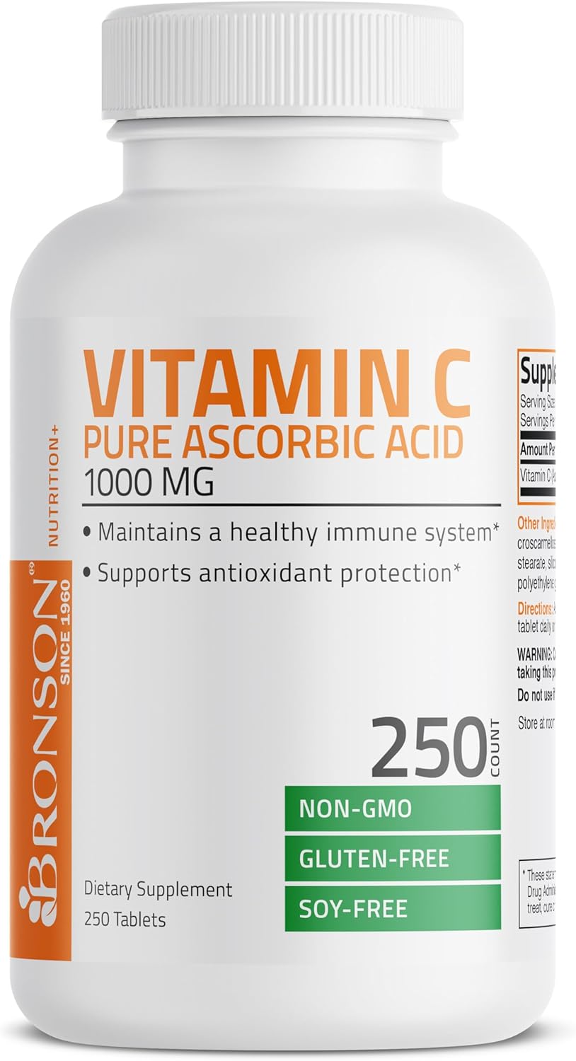 Bronson Vitamin C 1000mg Tablets - Non-GMO Ascorbic Acid for Immune Support & Antioxidant Protection - 250 Count