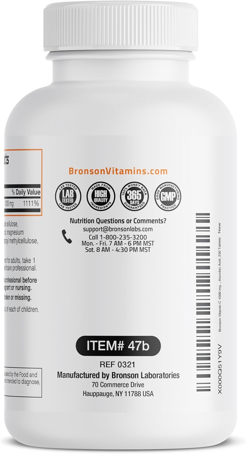 Bronson Vitamin C 1000mg Tablets - Non-GMO Ascorbic Acid for Immune Support & Antioxidant Protection - 250 Count