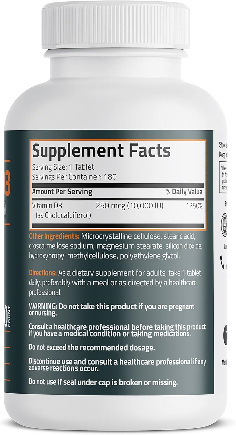 Bronson Vitamin D3 10,000 IU (250 MCG) Tablets for Healthy Muscles & Immune System, Non-GMO - 180 Count
