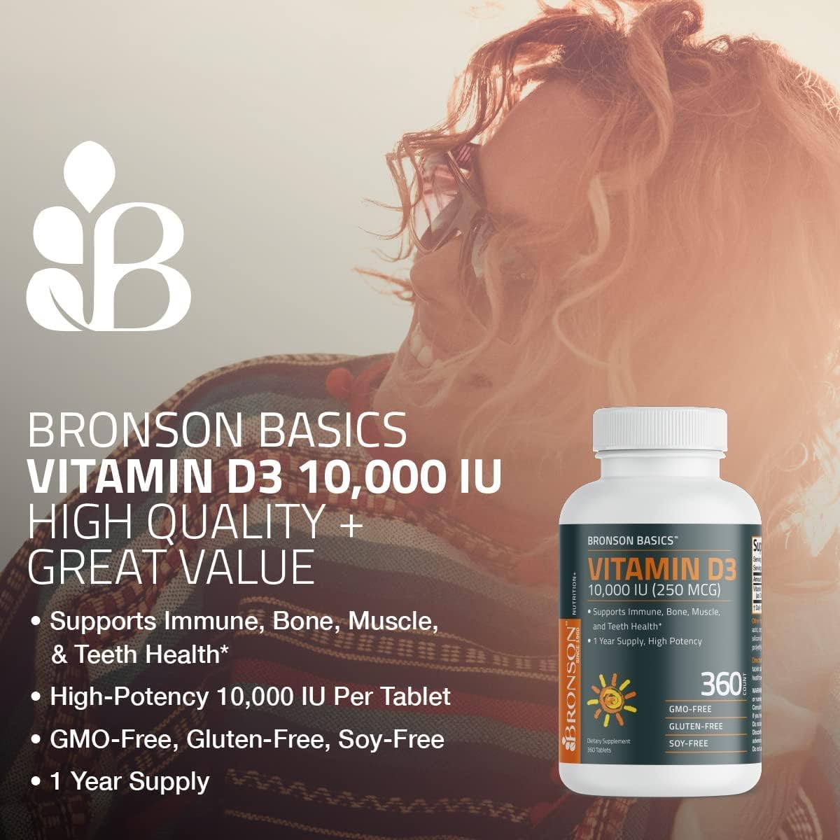 Bronson Vitamin D3 10,000 IU (250 MCG) Tablets for Healthy Muscles & Immune System, Non-GMO - 180 Count