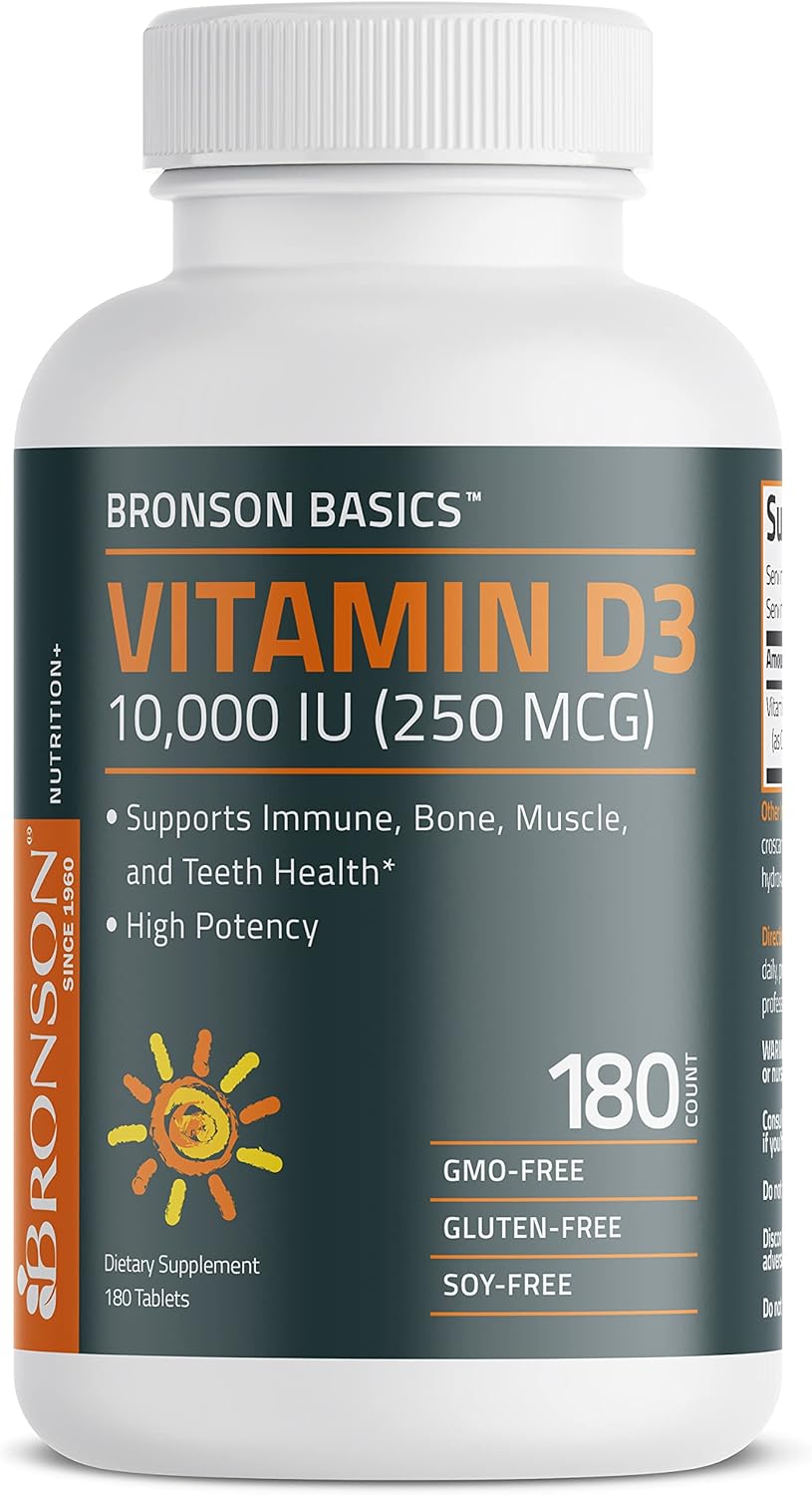 Bronson Vitamin D3 10,000 IU (250 MCG) Tablets for Healthy Muscles & Immune System, Non-GMO - 180 Count