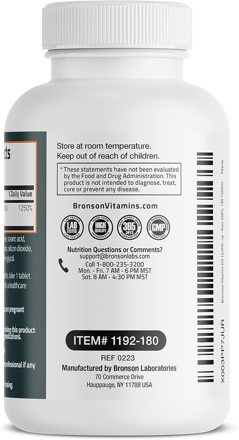 Bronson Vitamin D3 10,000 IU (250 MCG) Tablets for Healthy Muscles & Immune System, Non-GMO - 180 Count