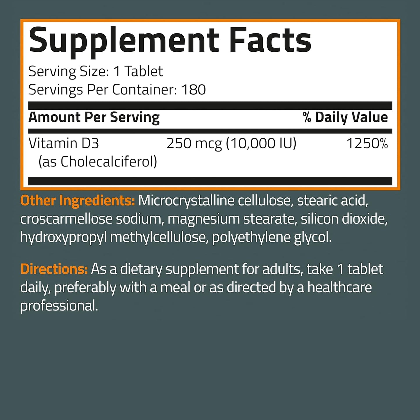Bronson Vitamin D3 10,000 IU (250 MCG) Tablets for Healthy Muscles & Immune System, Non-GMO - 180 Count