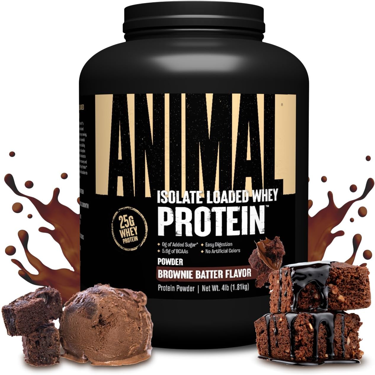 Brownie Batter Animal Whey Isolate Protein Powder - 25g Protein for Men & Women - Pre & Post Workout Muscle Builder with Digestive Enzymes - Great Taste, Low Sugar - 4 lbs