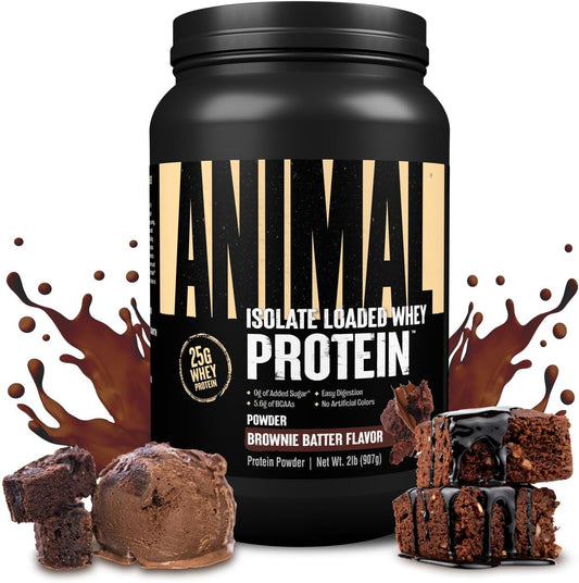 Brownie Batter Animal Whey Isolate Protein Powder with Digestive Enzymes - 25g Protein for Pre & Post Workout Muscle Building and Recovery - Men & Women Friendly - Great Taste, Low Sugar - 2 lbs