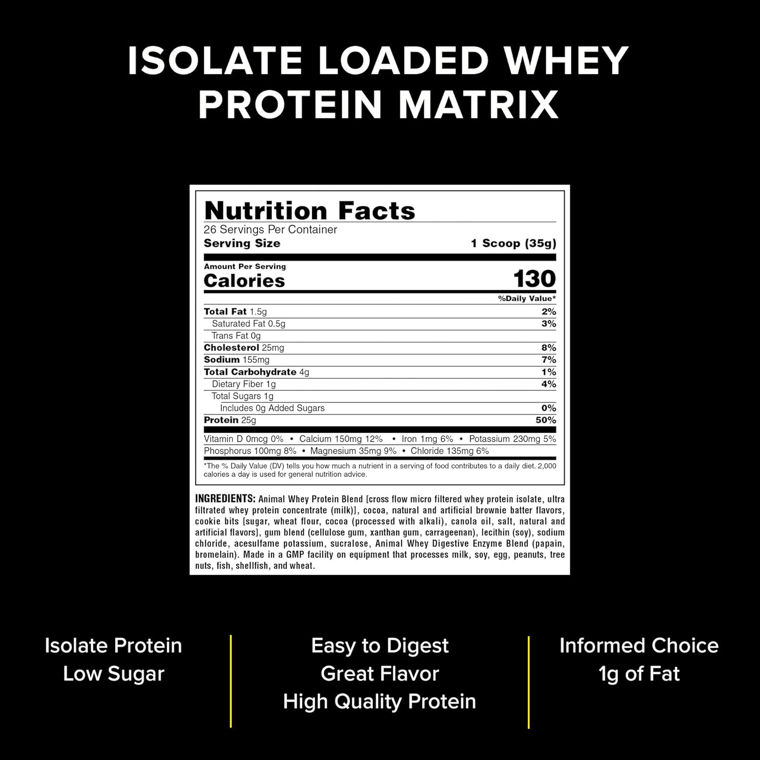 Brownie Batter Animal Whey Isolate Protein Powder with Digestive Enzymes - 25g Protein for Pre & Post Workout Muscle Building and Recovery - Men & Women Friendly - Great Taste, Low Sugar - 2 lbs