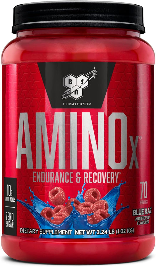 BSN Amino X Blue Raz Powder - Muscle Recovery & Endurance with BCAAs - Keto Friendly, Caffeine Free - 70 Servings