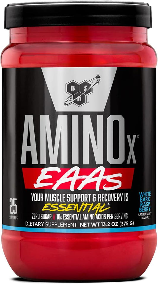 BSN Amino X EAAs, White Bark Raspberry, 13.2oz - Muscle Recovery & Endurance Supplement with 10g Essential Amino Acids, 5g BCAAs, Zero Sugar, Caffeine Free - 25 Servings