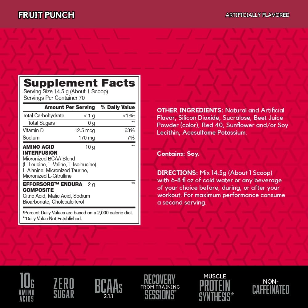 BSN Amino X Fruit Punch Powder - Muscle Recovery & Endurance with BCAAs, 10g Amino Acids, Keto Friendly - 70 Servings