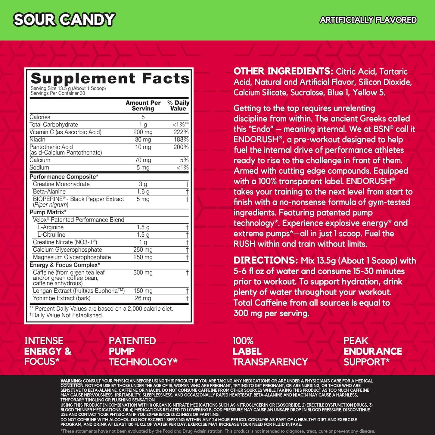 BSN Endorush Pre Workout Powder - Energy Supplement with 300mg Caffeine, Beta-Alanine, Creatine - Sour Candy Flavor, 30 Servings