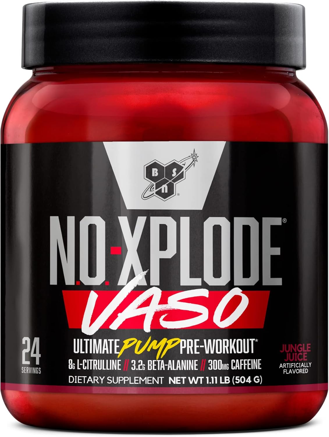 BSN N.O.-XPLODE Vaso Pre Workout Powder - Jungle Juice Flavor, 8g L-Citrulline, 3.2g Beta-Alanine, Energy Boost - 24 Servings