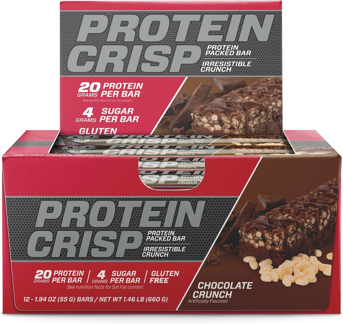 BSN Protein Crisp Bars - Whey Protein & Fiber, Gluten-Free Chocolate Crunch Snack Bars - 12 Count