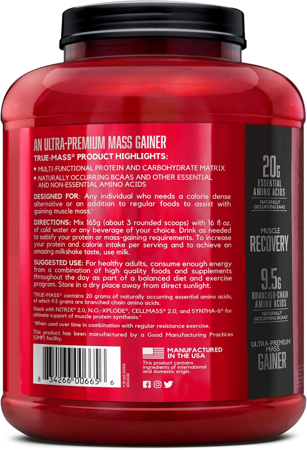 BSN TRUE-MASS Muscle Mass Gainer Protein Powder, Cookies & Cream, 5.82 lb - Weight Gainer Supplement