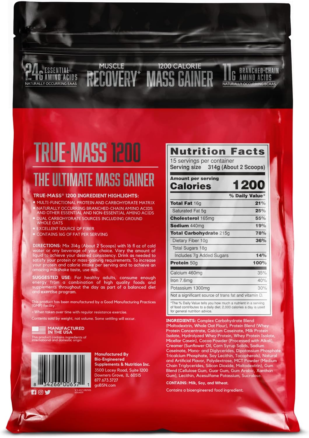 BSN TRUE-MASS Weight Gainer Chocolate Milkshake Protein Powder 10.38 Pound - Muscle Mass Gainer