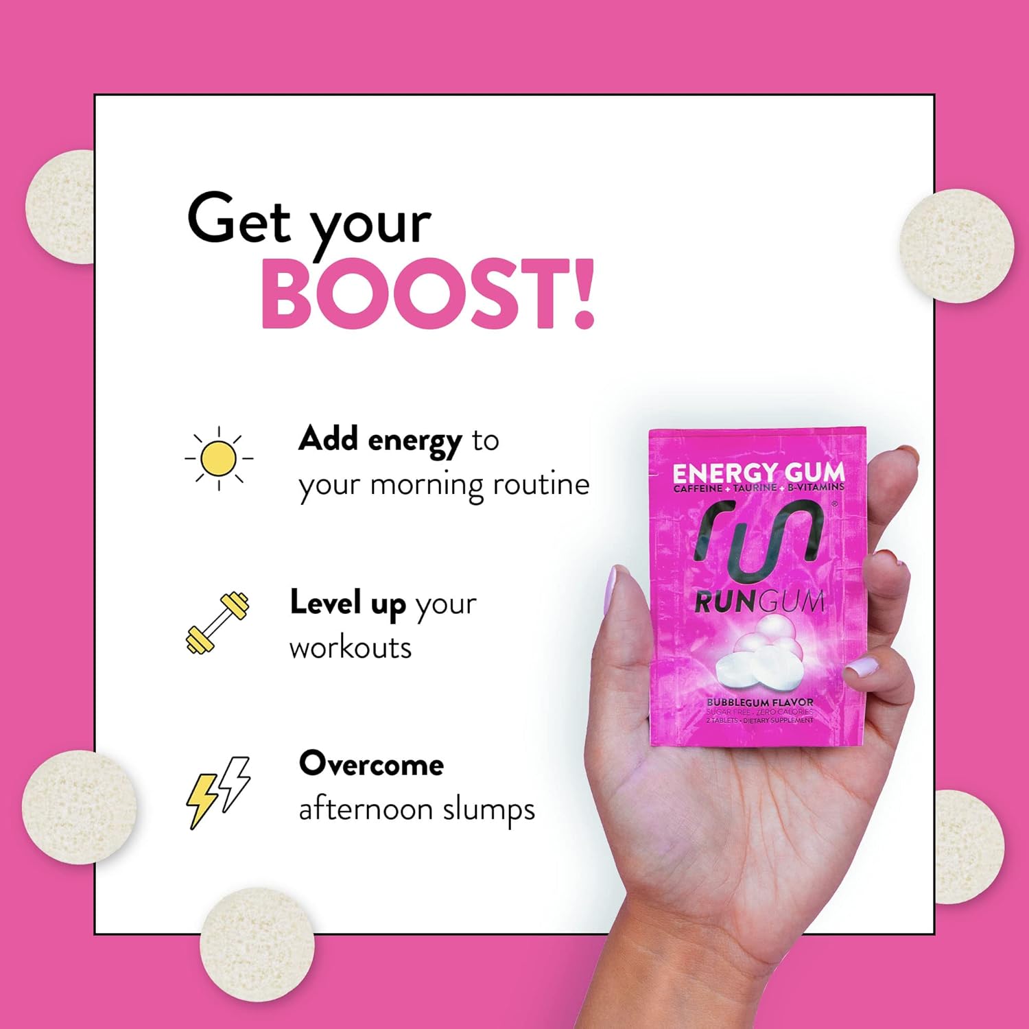 Bubblegum Energy Chewing Gum 50mg Caffeine Taurine & B-Vitamins, 24 Pieces x 12 Pack - Sugar Free, Zero Calorie, No Aspartame, Gluten Free - BoostGo Australia