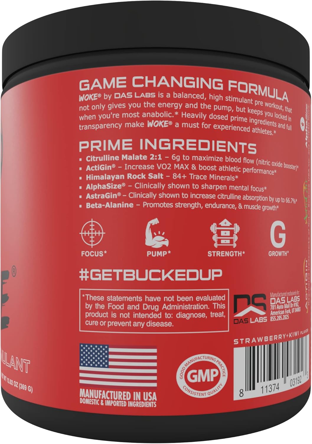 Bucked Up Woke High Stim Pre Workout - Best Tasting Focus Nootropic - Strawberry Kiwi - 30 Servings