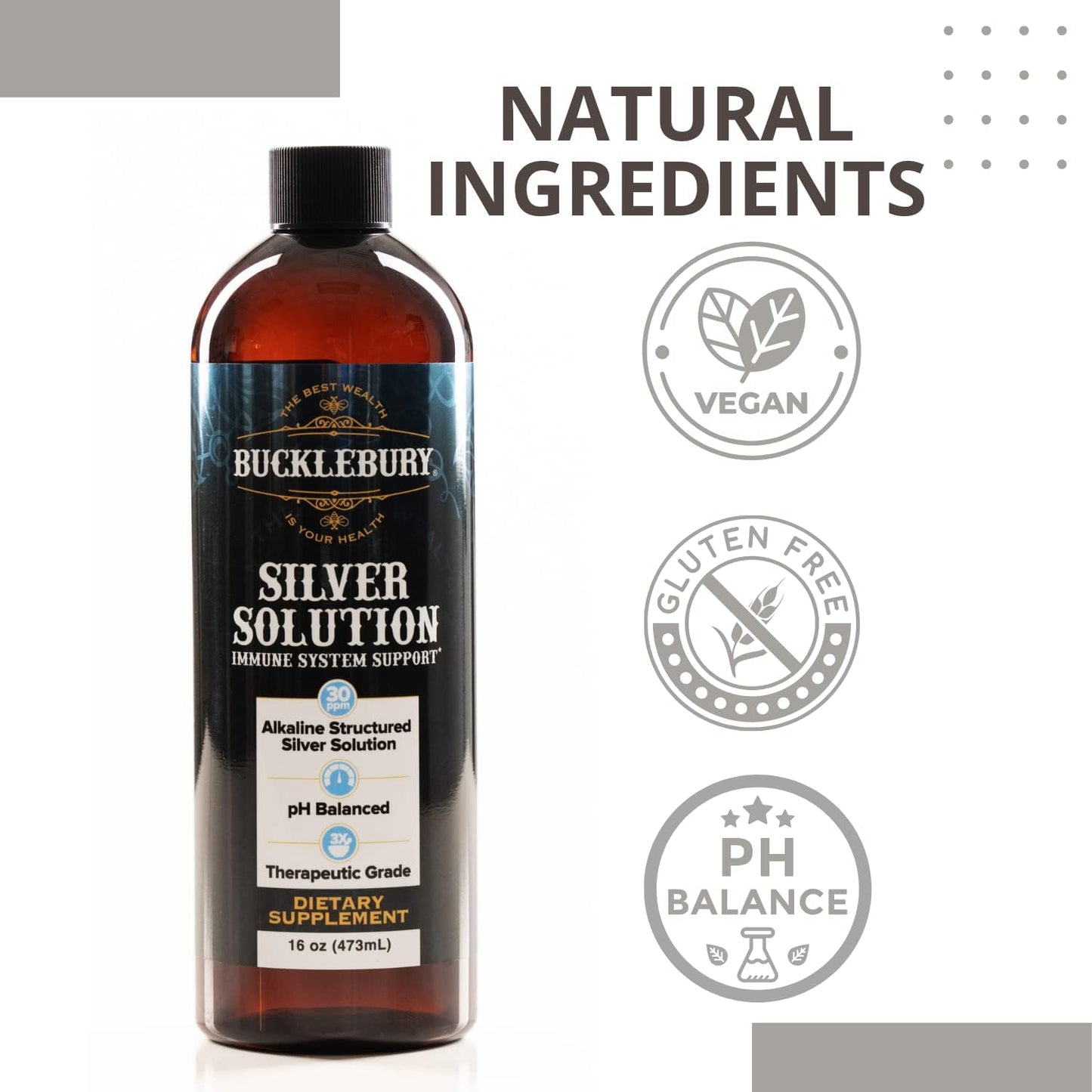 BUCKLEBURY pH Balanced Silver Solution - Alkaline Structured Liquid for Immune Support - 30ppm, 16 oz - Gluten Free