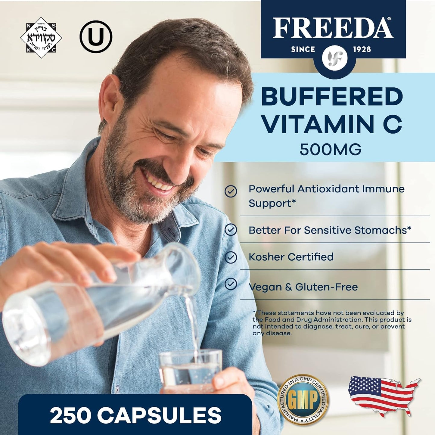 Buffered Vitamin C 500mg Capsules - Kosher & Gentle on Stomach - Immune Support Antioxidant Supplement - Calcium Ascorbate - 250 Count