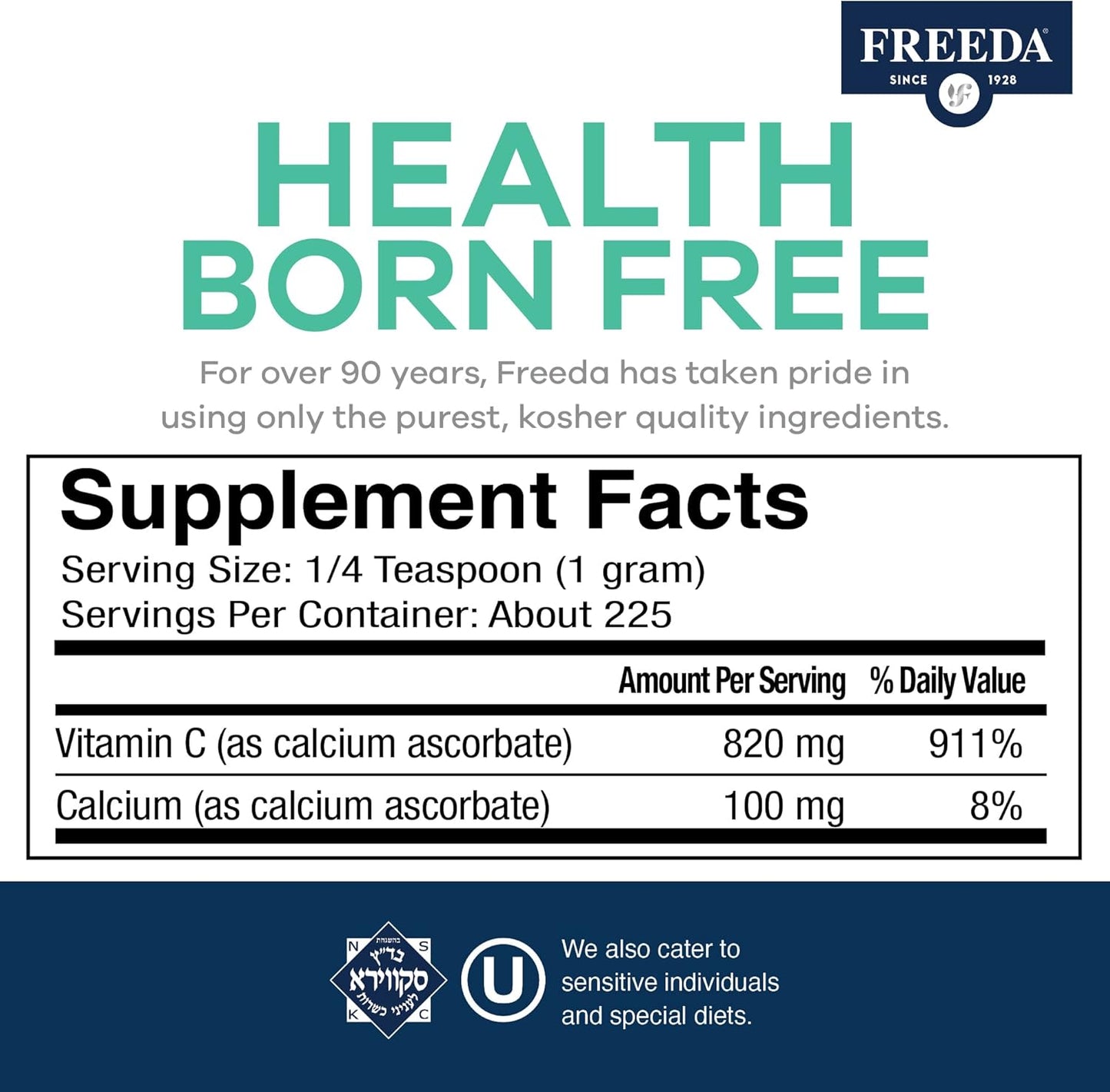 Buffered Vitamin C Powder - Kosher & Sugar Free Immune Support Drink - Gentle on Stomach - Antioxidant Supplement (8 oz)