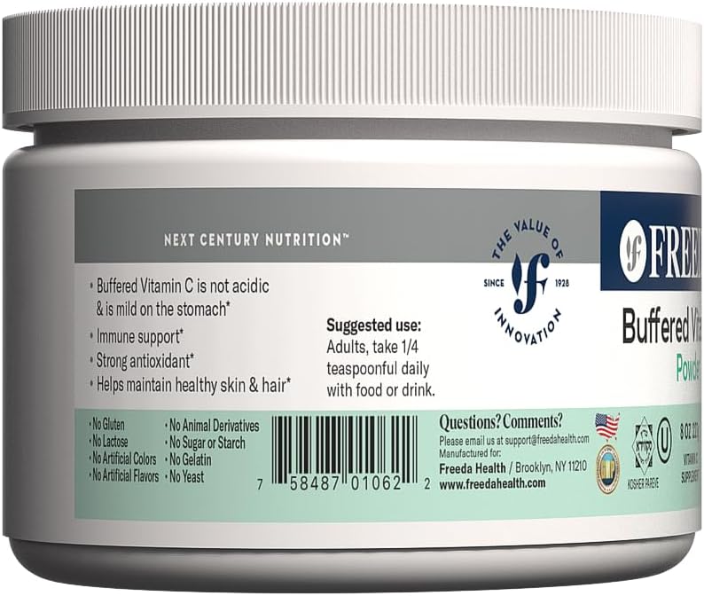 Buffered Vitamin C Powder - Kosher & Sugar Free Immune Support Drink - Gentle on Stomach - Antioxidant Supplement (8 oz)