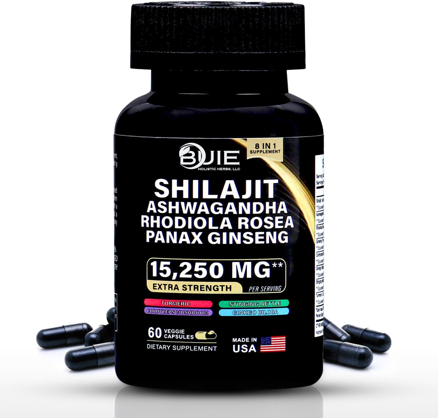 BUIE Extra Strength Shilajit Supplement with Ashwagandha, Rhodiola Rosea, Panax Ginseng - 15,250mg - 60 Capsules