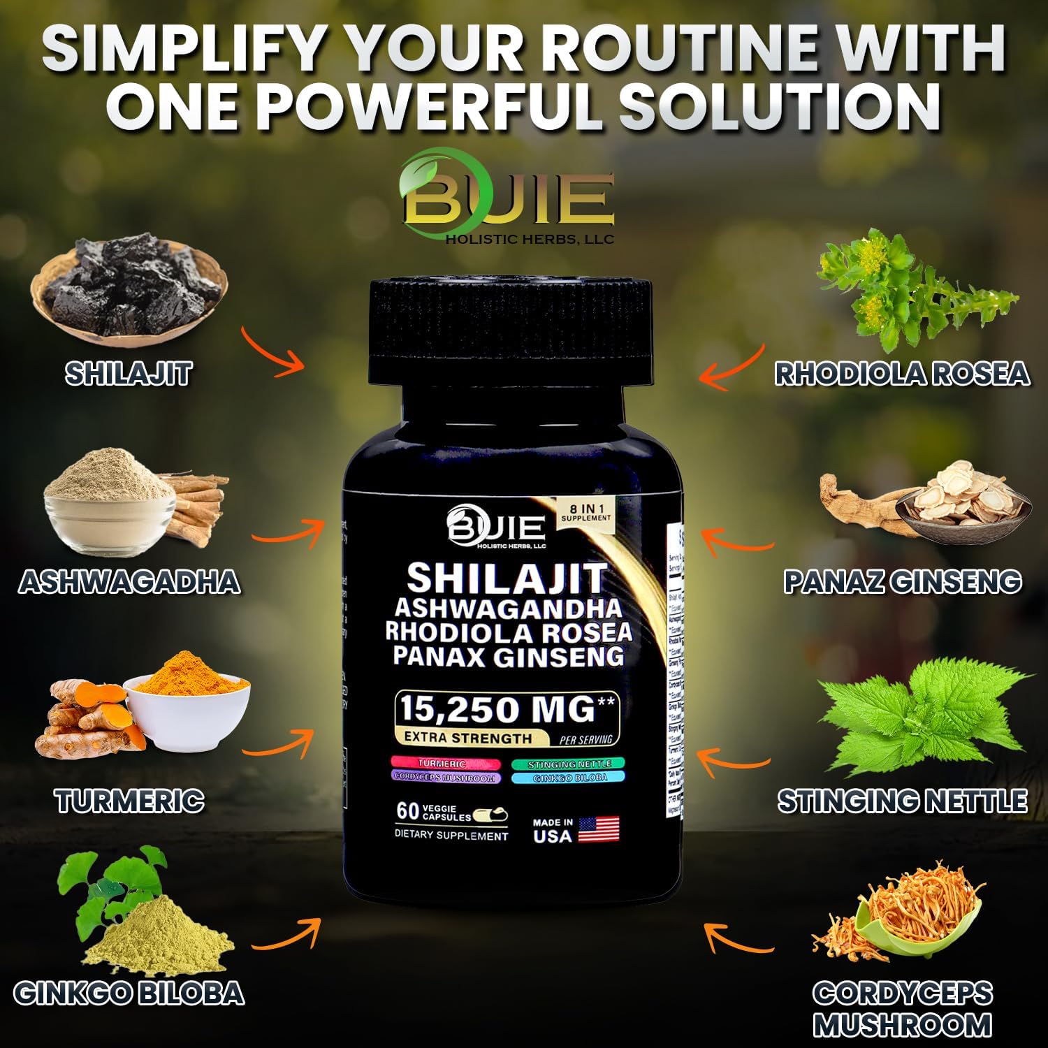 BUIE Extra Strength Shilajit Supplement with Ashwagandha, Rhodiola Rosea, Panax Ginseng - 15,250mg - 60 Capsules