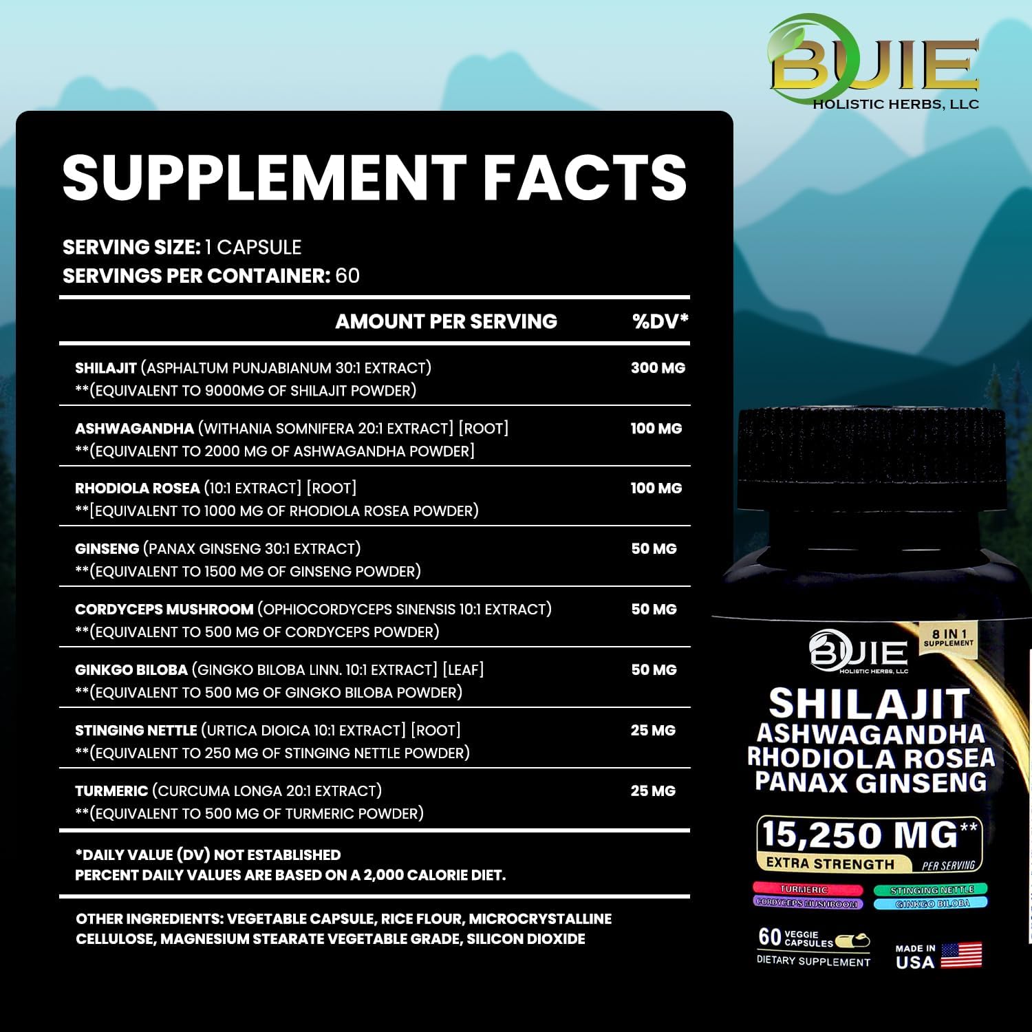 BUIE Extra Strength Shilajit Supplement with Ashwagandha, Rhodiola Rosea, Panax Ginseng - 15,250mg - 60 Capsules