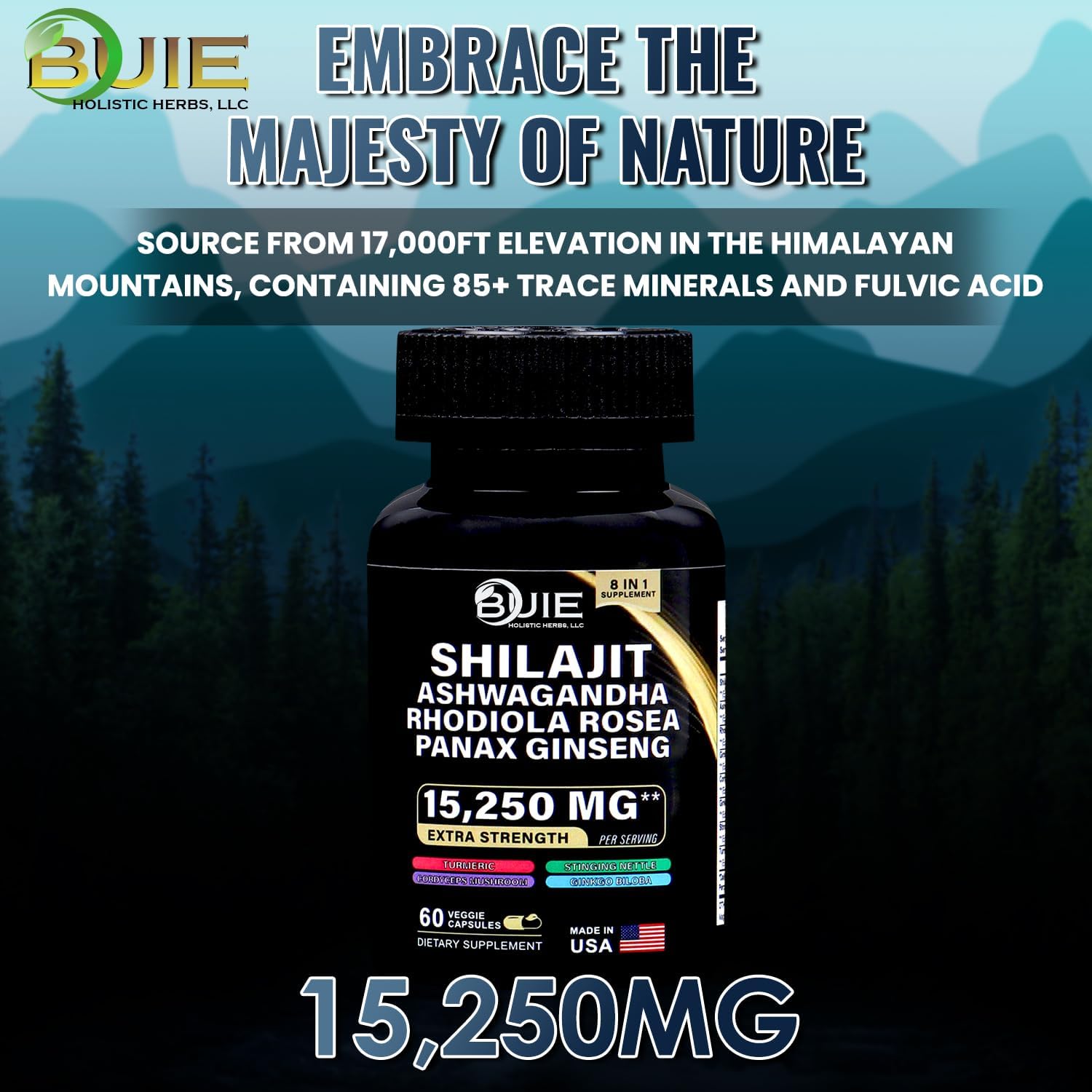 BUIE Extra Strength Shilajit Supplement with Ashwagandha, Rhodiola Rosea, Panax Ginseng - 15,250mg - 60 Capsules