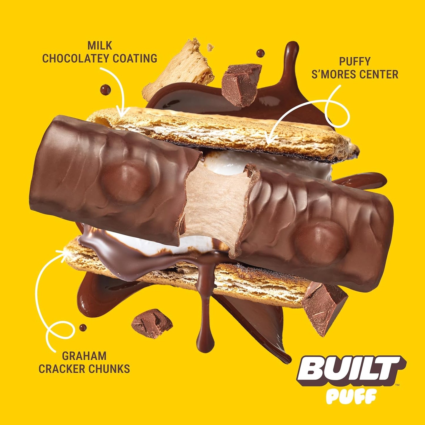 Built Bar BUILT Puffs S'mores Chunk Protein Bars - 15g Protein Snacks, 160 Calories, On-The-Go, 9g Sugar, Collagen - 12 Count Pack
