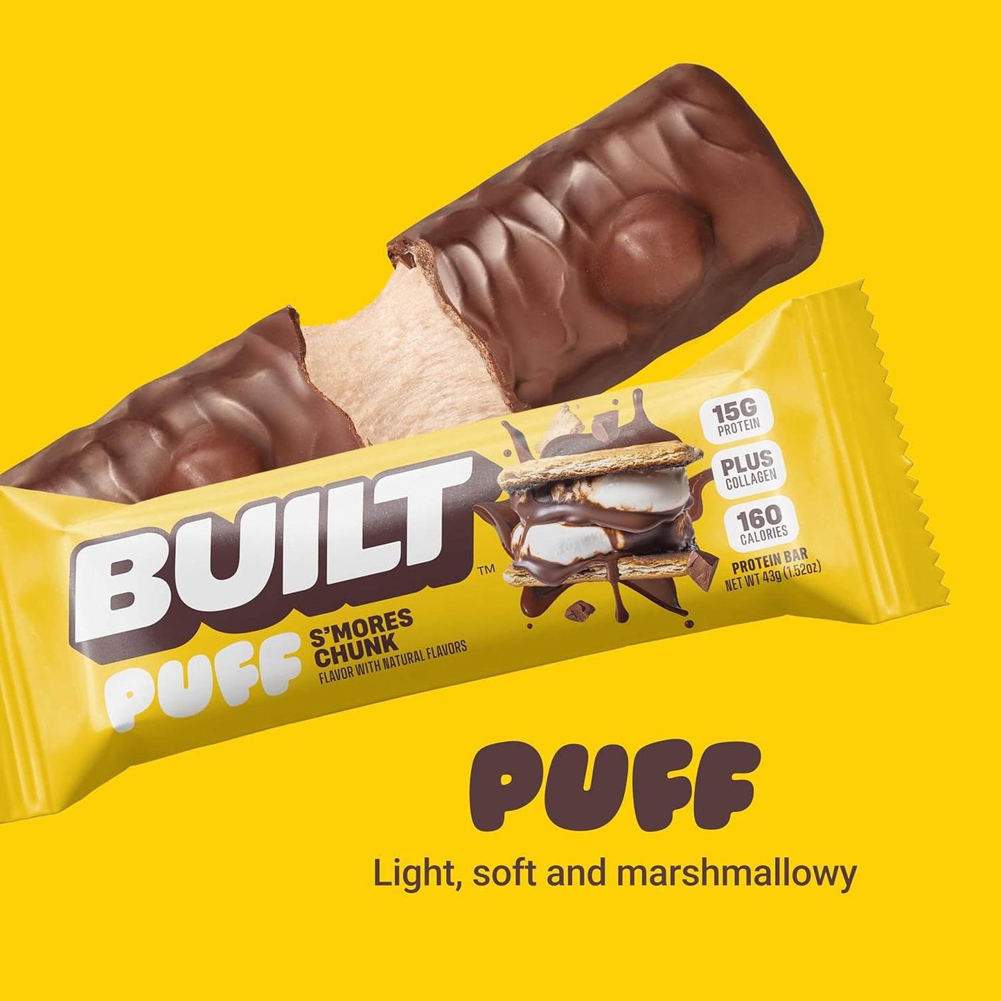 Built Bar BUILT Puffs S'mores Chunk Protein Bars - 15g Protein Snacks, 160 Calories, On-The-Go, 9g Sugar, Collagen - 12 Count Pack