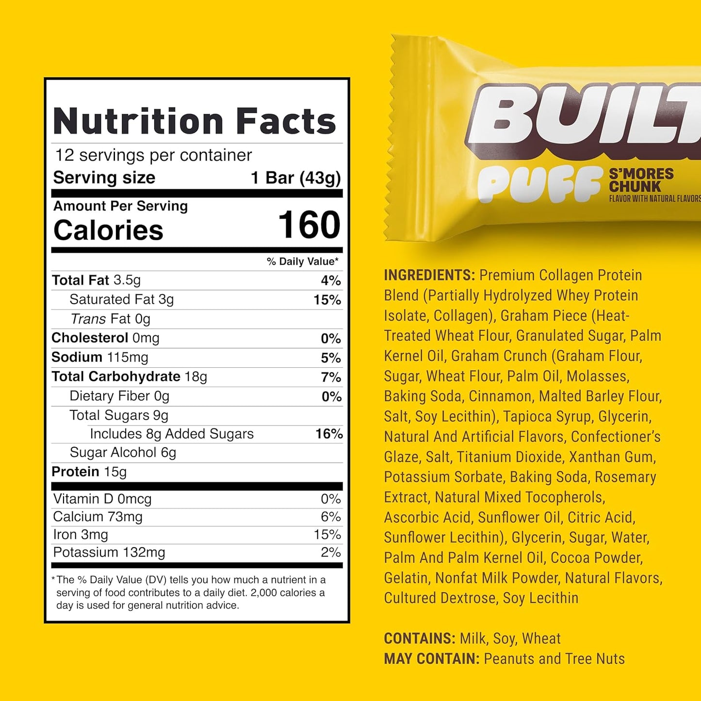 Built Bar BUILT Puffs S'mores Chunk Protein Bars - 15g Protein Snacks, 160 Calories, On-The-Go, 9g Sugar, Collagen - 12 Count Pack