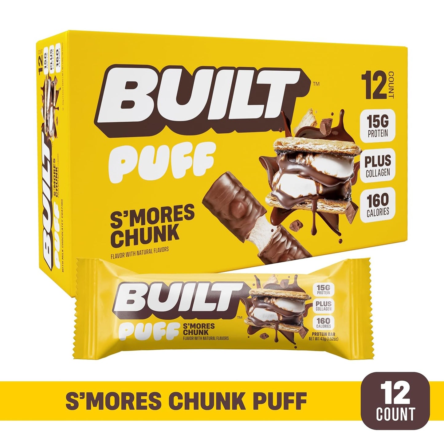 Built Bar BUILT Puffs S'mores Chunk Protein Bars - 15g Protein Snacks, 160 Calories, On-The-Go, 9g Sugar, Collagen - 12 Count Pack