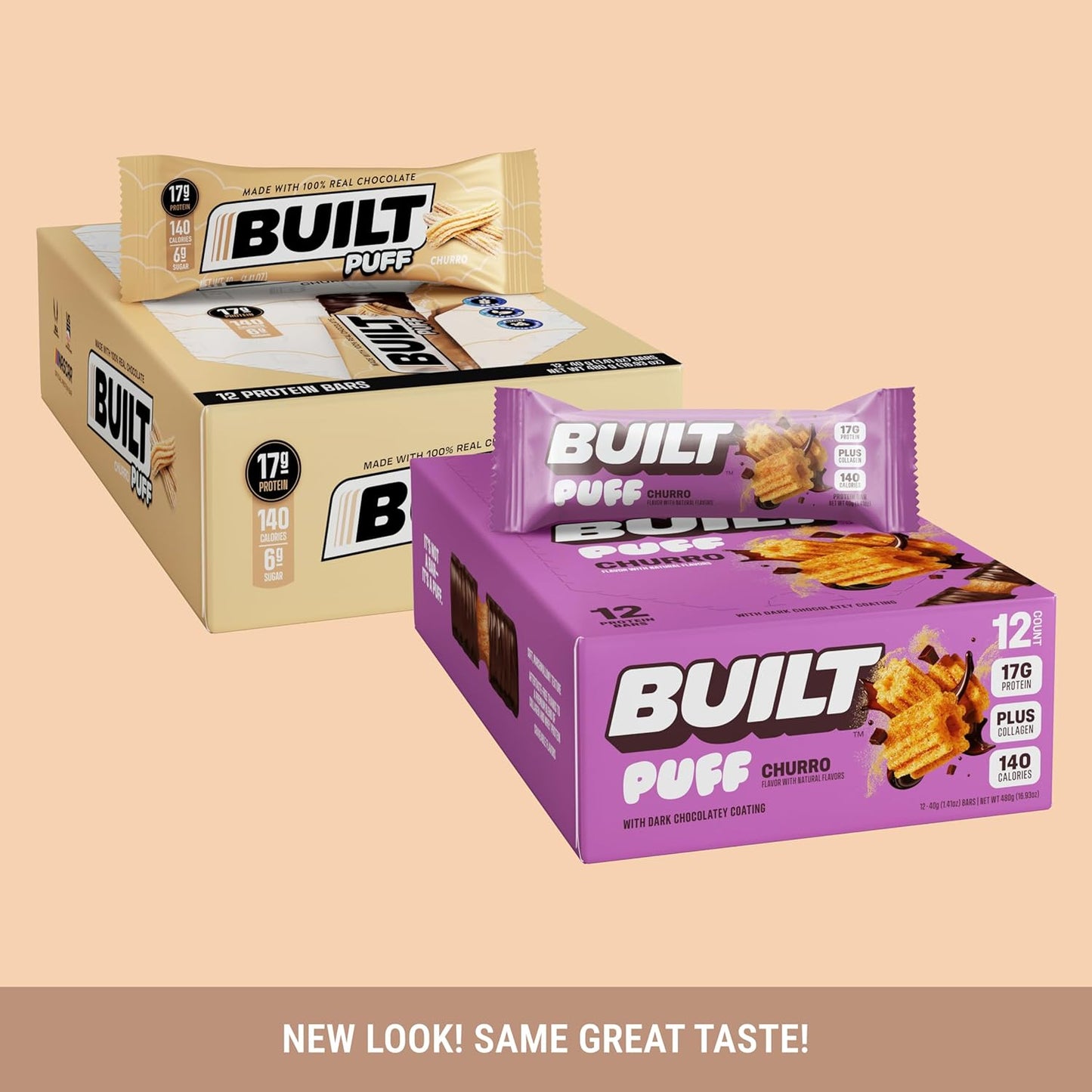 Built Bar Churro Puff Protein Bars - High Protein Snacks with 17g Protein, 140 Calories, 6g Sugar, Collagen, Gluten Free - 12 Count Pack