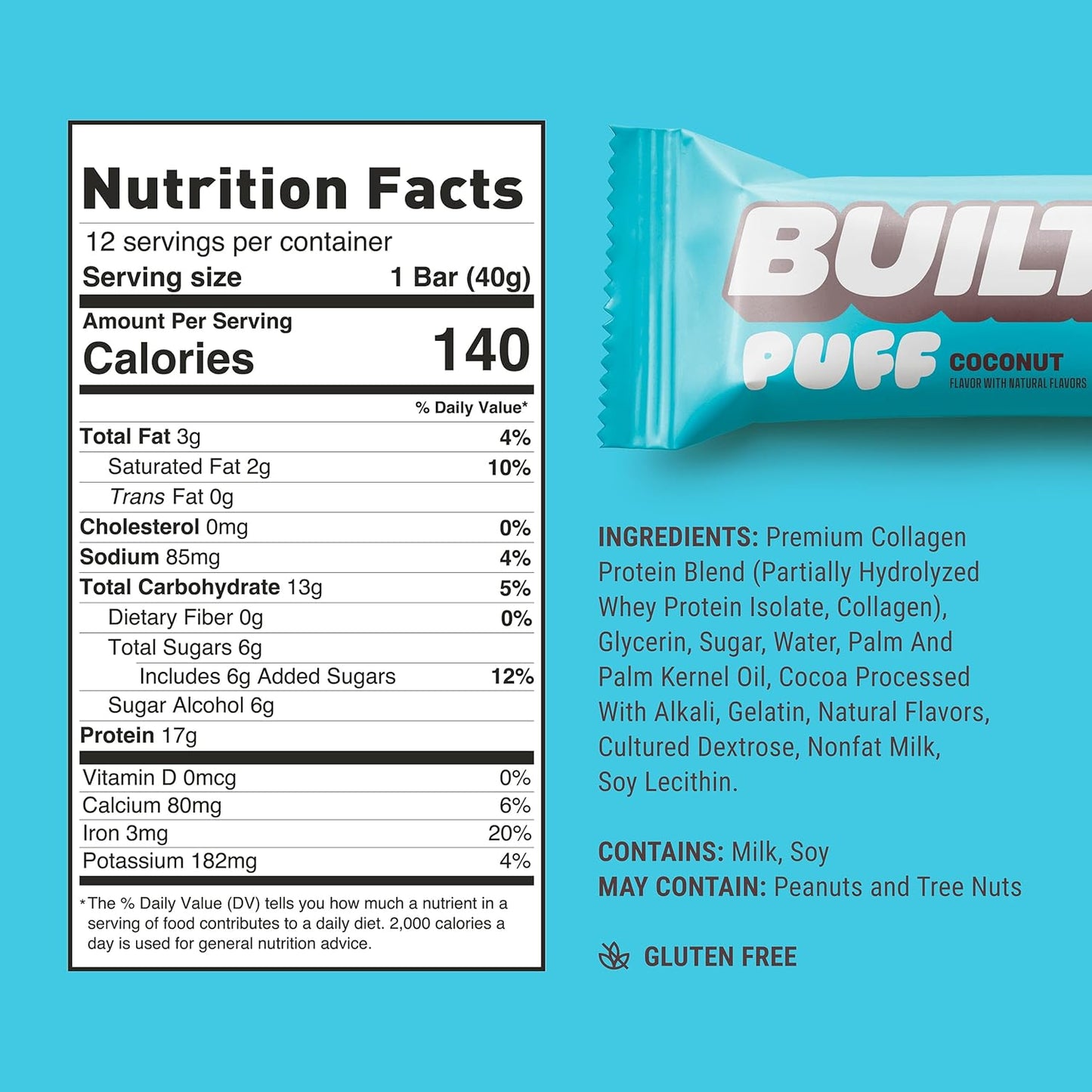 Built Bar Coconut Puff Protein Bars - 17g Protein, 140 Calories, On-The-Go Snacks - Gluten Free, Collagen Infused - 12 Count