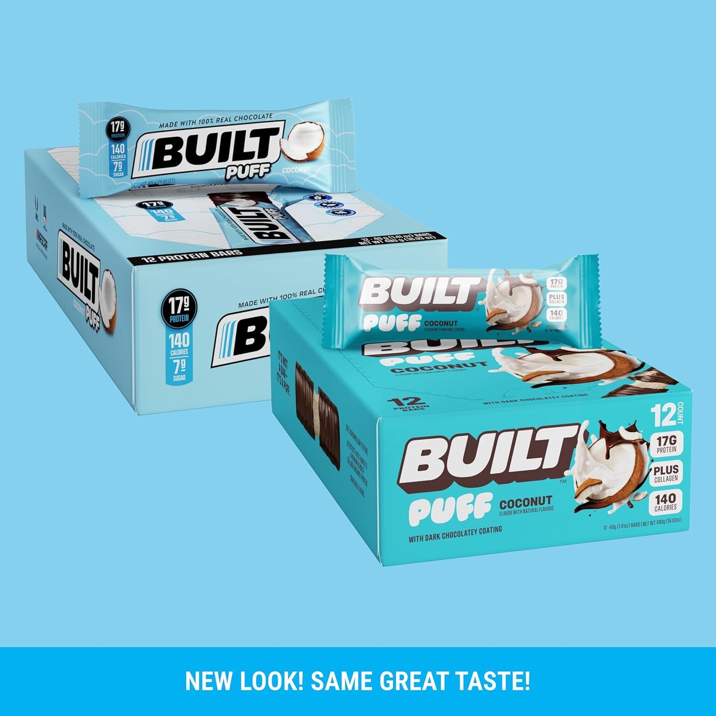 Built Bar Coconut Puff Protein Bars - 17g Protein, 140 Calories, On-The-Go Snacks - Gluten Free, Collagen Infused - 12 Count