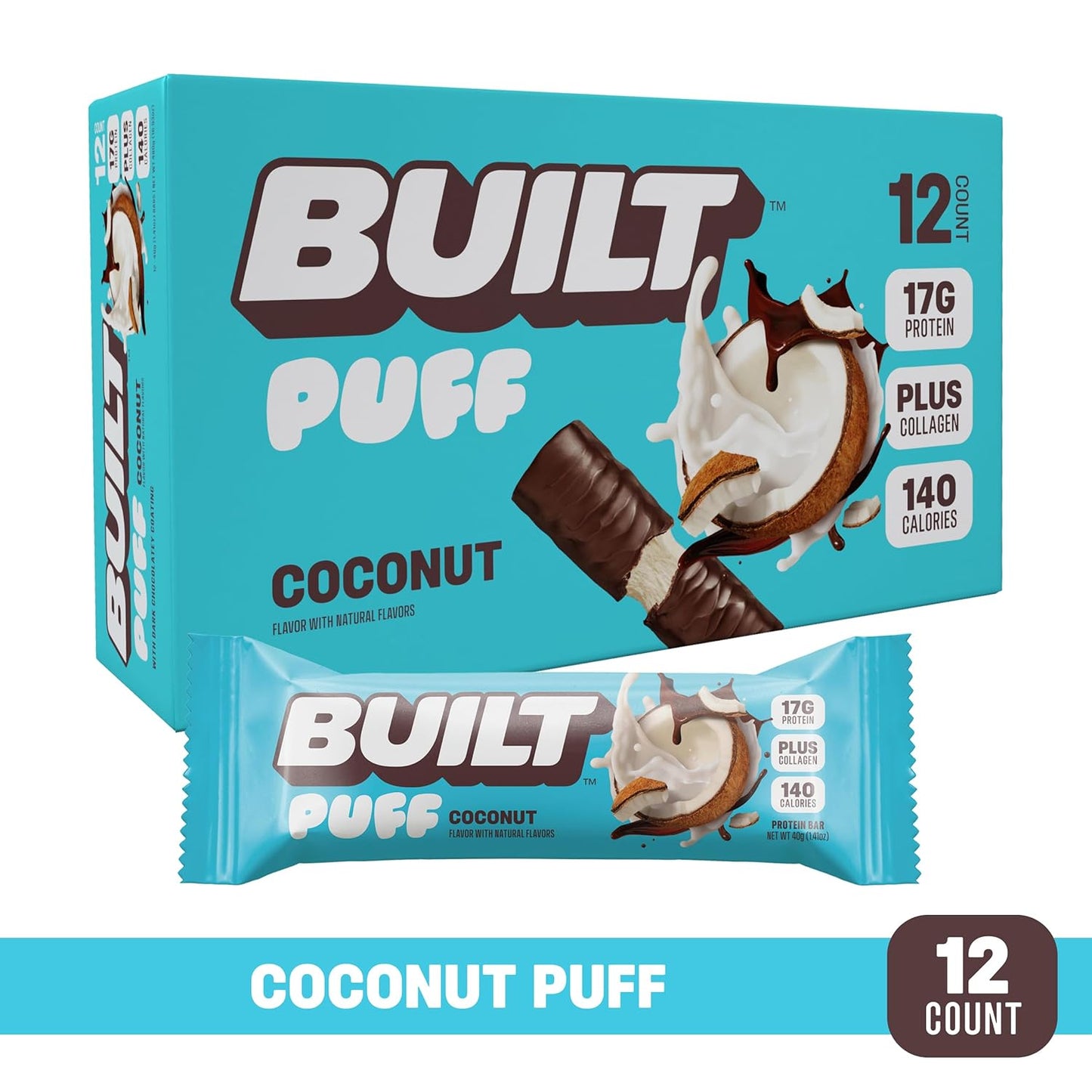 Built Bar Coconut Puff Protein Bars - 17g Protein, 140 Calories, On-The-Go Snacks - Gluten Free, Collagen Infused - 12 Count