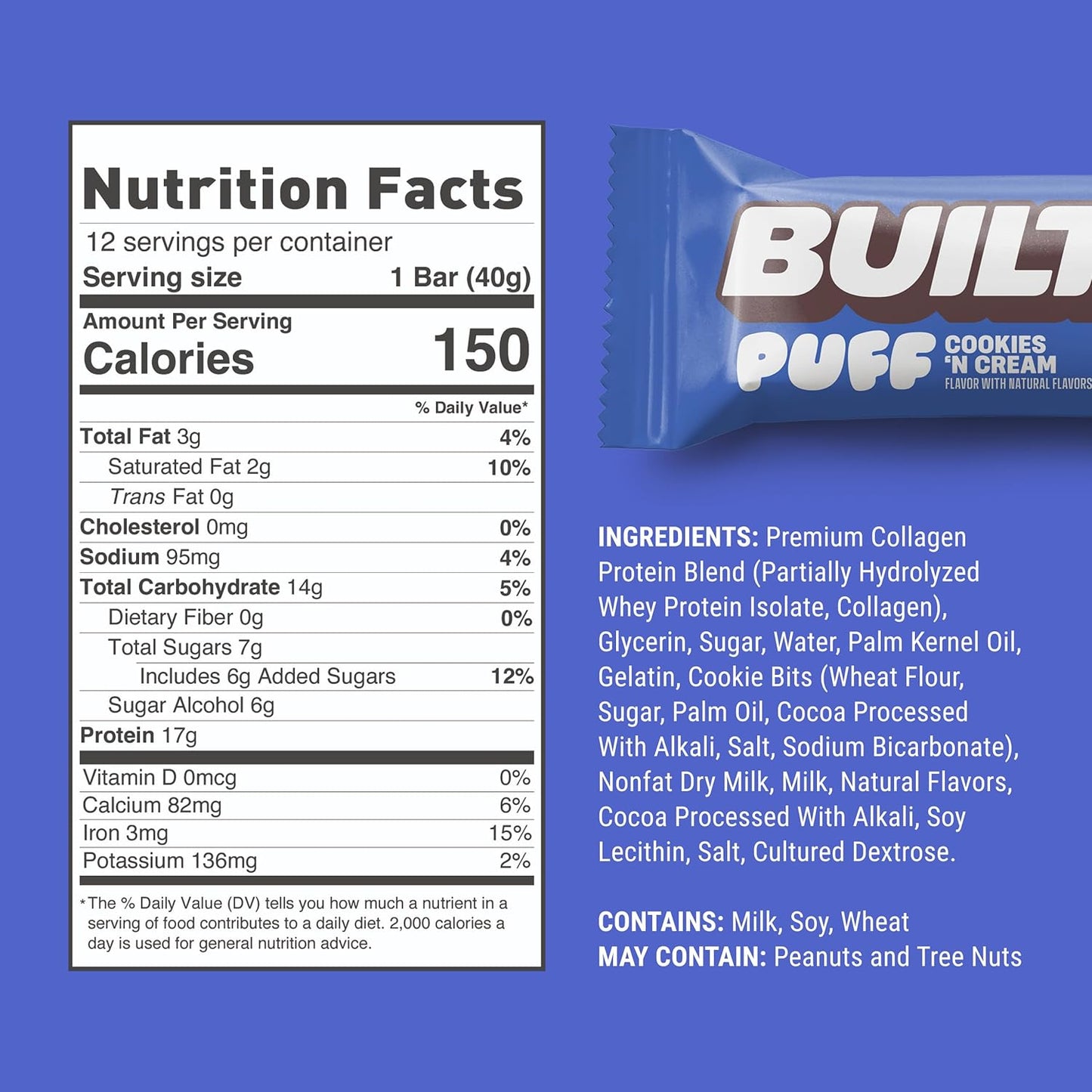 BUILT Puffs Protein Bars, Cookies 'N Cream Puff - 17g Protein, 140 Calories, On-The-Go Snacks - Pack of 12