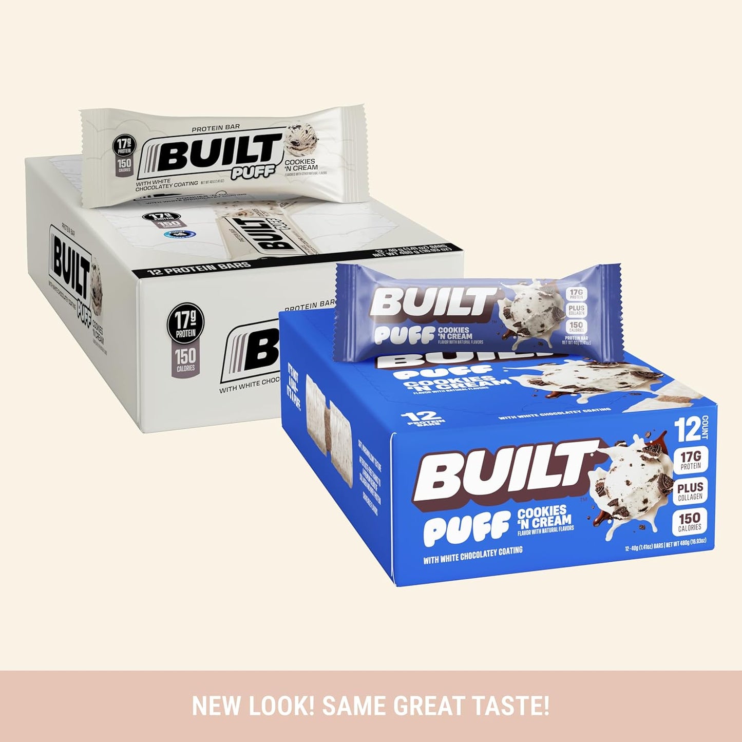 BUILT Puffs Protein Bars, Cookies 'N Cream Puff - 17g Protein, 140 Calories, On-The-Go Snacks - Pack of 12